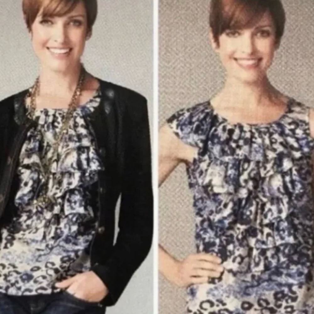 CAbi Style #628 Silk Blue Leopard Print Ruffle Sleeveless Blouse -Medium